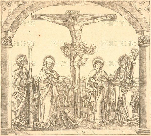 Hans Rogel (aka Master HR) (German, 1532-1592). Christ on the Cross with the Virgin and St. Afra, St. John and St. Ulrich, . Engraving.