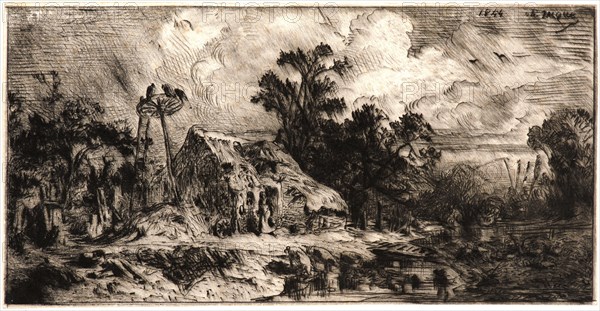 Charles Ãâmile Jacque (French, 1813 - 1894). Landscape. Thatched Cottages (Paysage. ChaumiÃ¨res), 1844. Drypoint on wove paper. Plate: 108 mm x 212 mm (4.25 in. x 8.35 in.). Only state.
