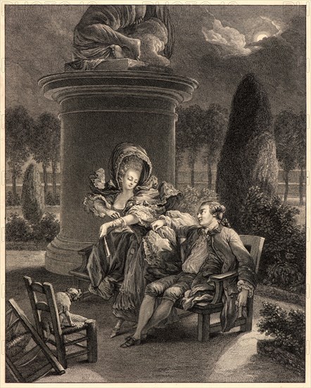 Jean Baptiste Blaise Simonet (French, 1742 - 1813) after Pierre Antoine Baudouin (French, 1723 - 1769). Evening in the Tuilleries Gardens (La Soirée des Tuilleries), ca. 1760-1770. Etching and engraving on laid paper. Sheet: 340 mm x 258 mm (13.39 in. x 10.16 in.). First of three states; Lawrence & Dighton second of four states.
