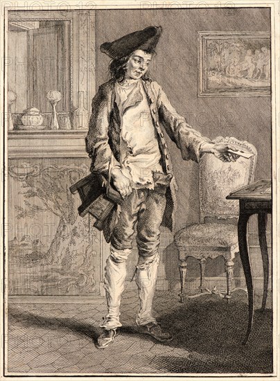 Jean-Baptiste Tilliard (French, 1740 - 1813) after Augustin de Saint-Aubin (French, 1736 - 1807). Postman Delivering a Letter, 1768. From My People (Mes Gens, ou les Commissionaires ultramontains, Les Savoyards). Etching and engraving on laid paper. Sheet: 244 mm x 175 mm (9.61 in. x 6.89 in.). Second of three states, before letters.