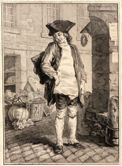 Jean-Baptiste Tilliard (French, 1740 - 1813) after Augustin de Saint-Aubin (French, 1736 - 1807). Shoe Black, 1768. From My People (Mes Gens, ou les Commissionaires ultramontains, Les Savoyards). Etching and engraving on laid paper. Sheet: 240 mm x 170 mm (9.45 in. x 6.69 in.). First of three states, before letters.