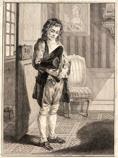 Jean-Baptiste Tilliard (French, 1740 - 1813) after Augustin de Saint-Aubin (French, 1736 - 1807). Errand Boy, 1768. From My People (Mes Gens, ou les Commissionaires ultramontains, Les Savoyards). Etching and engraving on laid paper. Sheet: 243 mm x 176 mm (9.57 in. x 6.93 in.). Second of three states, before letters.