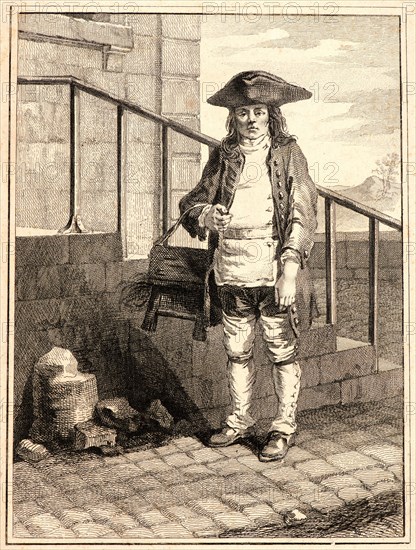 Jean-Baptiste Tilliard (French, 1740 - 1813) after Augustin de Saint-Aubin (French, 1736 - 1807). Shoe Black (by stairs), 1768. From My People (Mes Gens, ou les Commissionaires ultramontains, Les Savoyards). Etching and engraving on laid paper. Sheet: 240 mm x 179 mm (9.45 in. x 7.05 in.). First of three states, before letters.