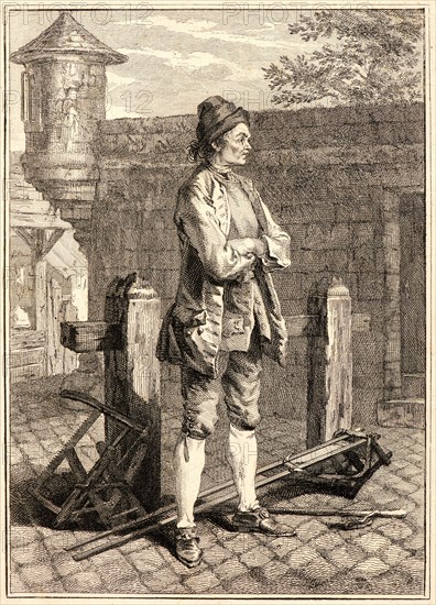 Jean-Baptiste Tilliard (French, 1740 - 1813) after Augustin de Saint-Aubin (French, 1736 - 1807). Wood Sawyer, 1768. From My People (Mes Gens, ou les Commissionaires ultramontains, Les Savoyards). Etching and engraving on laid paper. Sheet: 235 mm x 163 mm (9.25 in. x 6.42 in.). First of three states, before letters.