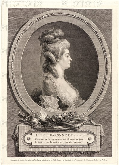 Augustin de Saint-Aubin (French, 1736 - 1807). Portrait of Louise-Emilie, Baronne de --- (Mme de MéziÃ¨res de Crest, Marquise de Saint-Aubin, baronne d'Andlau), 1779. Etching, engraving, and drypoint on laid paper. Plate: 278 mm x 202 mm (10.94 in. x 7.95 in.). Fourth of five states.