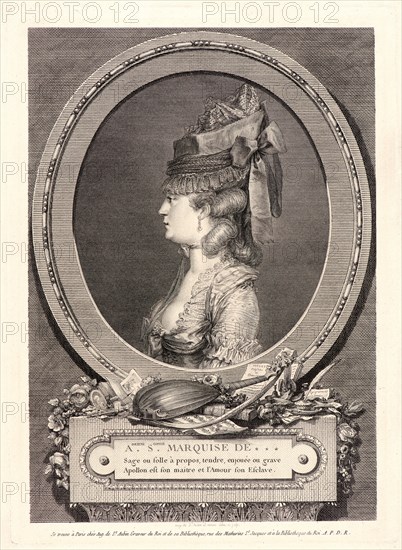 Augustin de Saint-Aubin (French, 1736 - 1807). Portrait of Adrienne-Sophie, Marquise de --- (Montesson), 1779. Etching, engraving, and drypoint on laid paper. Plate: 285 mm x 205 mm (11.22 in. x 8.07 in.). Fourth of four states.