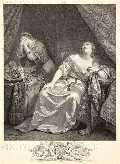 Johann Georg Wille (German, 1715-1808) after Caspar Netscher (Dutch, 1639-1684). The Death of Cleopatra, 1754. Engraving and etching on laid paper. Plate: 340 mm x 281 mm (13.39 in. x 11.06 in.). State before letters, with coat of arms and 2 angels lower center.