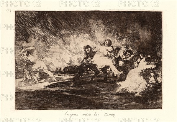 Francisco de Goya (Spanish, 1746-1828). They Escape through the Flames (Escapan entre las Llamas), 1810-1815, printed 1863. From The Disasters of War (Los Desastres de la Guerra). Etching and aquatint.