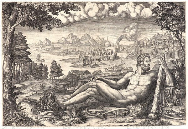 Giorgio Ghisi (Italian, 1520 - 1582). Hercules Reposing in a Landscape, 1567. Engraving. Plate: 267 mm x 392 mm (10.51 in. x 15.43 in.).
