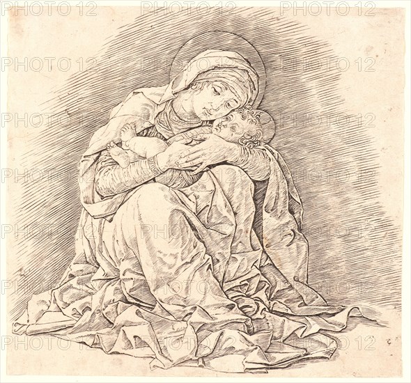 Andrea Mantegna (Italian, ca. 1431 - 1506). The Virgin and Child, ca. 1480-1485. Engraving and drypoint. Plate: 225 mm x 240 mm (8.86 in. x 9.45 in.). Second of two states, reworked with haloes added; no trace of drypoint lines.