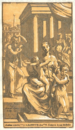 Antonio Maria Zanetti, I (Italian, 1680-1757) after Parmigianino (aka Francesco Mazzola, Italian, 1503 - 1540). The Virgin and Child with St. John and St. Joseph, 1722. Chiaroscuro woodcut printed from three blocks in yellow, light brown, and dark brown on laid paper. Image: 250 mm x 140 mm (9.84 in. x 5.51 in.). Second of three states.
