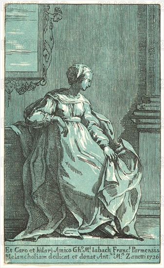 Antonio Maria Zanetti, I (Italian, 1680-1757) after Parmigianino (aka Francesco Mazzola, Italian, 1503 - 1540). A Woman Seated in a Room (Melancholy), 1726. Chiaroscuro woodcut printed from 2 blocks in aquamarine blue and black. Second of three states.