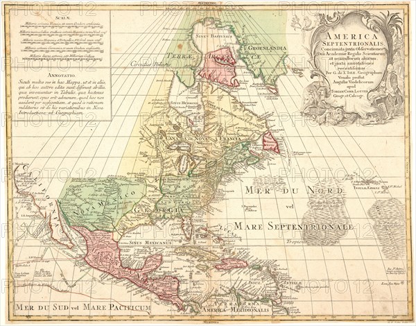 Tobias Conrad Lotter (German, 1717-1777). America Septentrionalis, 18th century. Engraving with hand coloring. Plate: 453 mm x 580 mm (17.83 in. x 22.83 in.).