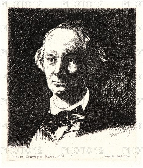 Ãâdouard Manet (French, 1832 - 1883). Charles Baudelaire de face, 1865 (posthumous restrike). Etching on Japan paper. Plate: 94 mm x 82 mm (3.7 in. x 3.23 in.). Fourth of four states.
