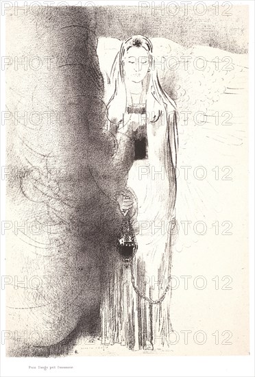 Odilon Redon (French, 1840 - 1916). And the angel took the censer (Puis l'ange prit l'encensoir), 1899. From Apocalypse de Saint-Jean par Odilon Redon. Lithograph on thin grey wove chine collé on heavy wove paper. Image: 318 mm x 214 mm (12.52 in. x 8.43 in.).