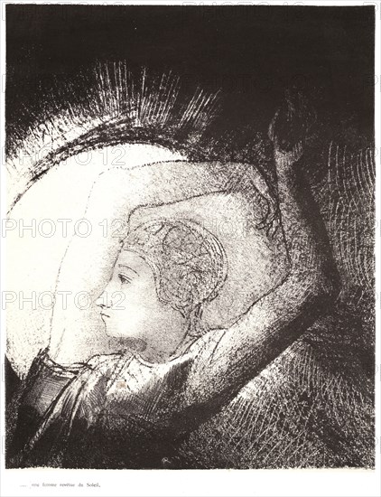 Odilon Redon (French, 1840 - 1916). A woman clothed with the sun (Une femme revetue du soleil), 1899. From Apocalypse de Saint-Jean par Odilon Redon. Lithograph on thin grey wove chine collé on heavy wove paper. Image: 288 mm x 229 mm (11.34 in. x 9.02 in.).