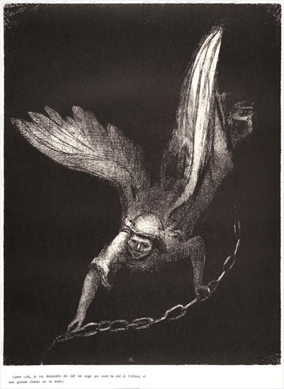 Odilon Redon (French, 1840 - 1916). And I saw an angel come down from heaven, having the key of the bottomless pit and a great chain in his hand (Apres cela je vis descendre du ciel un ange qui avait la clef de l'abime, et une grande chaine en sa main), 1899. From Apocalypse de Saint-Jean par Odilon Redon. Lithograph on thin grey wove chine collé on heavy wove paper. Image: 302 mm x 233 mm (11.89 in. x 9.17 in.).