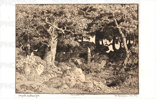 Théodore Rousseau (French, 1812 - 1867). ChÃªnes de Roche, 1861. Etching on buff chine collé. Plate: 135 mm x 210 mm (5.31 in. x 8.27 in.). Third of three states, with "Imp." rather than "Imprimerie".