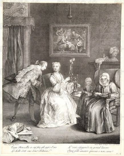 Charles Joseph Flipart (French, 1721-1797) after Pietro Longhi (Italian, ca. 1701 - 1785). The Declaration, ca. 1741-1745. Etching and engraving on laid paper. Sheet: 444 mm x 350 mm (17.48 in. x 13.78 in.).