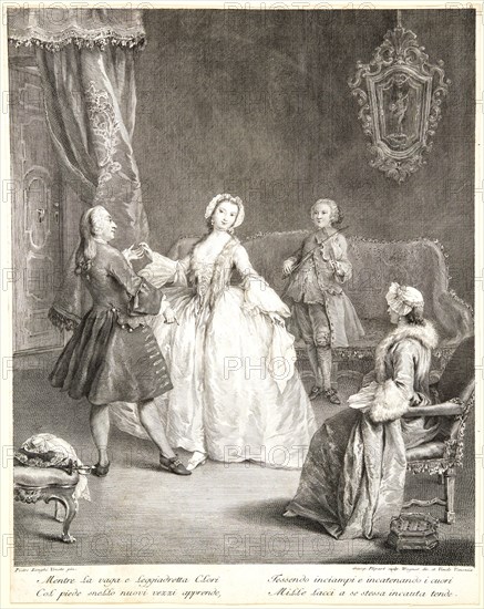 Charles Joseph Flipart (French, 1721-1797) after Pietro Longhi (Italian, ca. 1701-1785), engraved under Joseph Wagner (German, 1706-1780). The Dancing Lesson, ca. 1741-1745. Etching and engraving on laid paper. Sheet: 440 mm x 349 mm (17.32 in. x 13.74 in.).