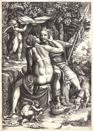 Giorgio Ghisi (Italian, 1520-1582) after Teodoro Ghisi (Italian, 1536 - 1601). Venus and Adonis, ca. 1570. Engraving. Second of six states.