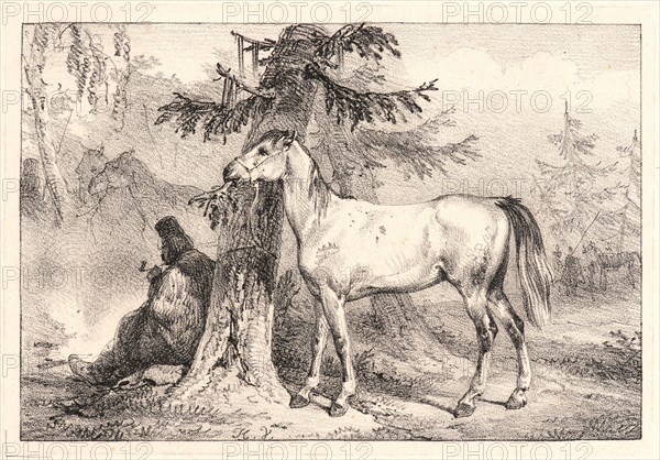 Horace Vernet (French, 1789 - 1863). Cossack and Horse beside a Tree, 19th century. Lithograph. Before letters.