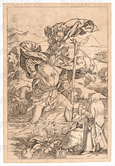 Marcantonio Raimondi (Italian, ca. 1470/1482 - 1527/1534) after Albrecht DÃ¼rer (German, 1471 - 1528). Saint Christopher, 1501-1504. Engraving on tan laid paper. Plate: 215 mm x 143 mm (8.46 in. x 5.63 in.).