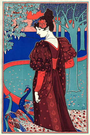 Louis John Rhead (American, 1857 - 1926). Woman with Peacocks (La Femme au Paon), ca. 1897. Lithograph printed in six colors on wove paper. Sheet: 405 mm x 308 mm (15.94 in. x 12.13 in.).