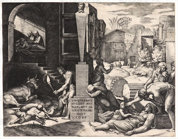 Marcantonio Raimondi (Italian, ca. 1470/1482 - 1527/1534) after Raphael (Italian, 1483 - 1520). The Plague in Crete (â€úIl Morbettoâ€ù), ca. 1514- 1515. Engraving on laid paper. Plate: 195 mm x 248 mm (7.68 in. x 9.76 in.). Second state.
