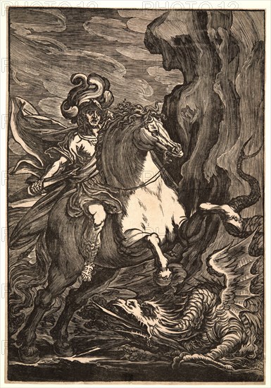 Giuseppe Scolari (Italian, active 1550â€ì1600). St. George and the Dragon, 16th century. Woodcut. Image: 528 mm x 364 mm (20.79 in. x 14.33 in.).