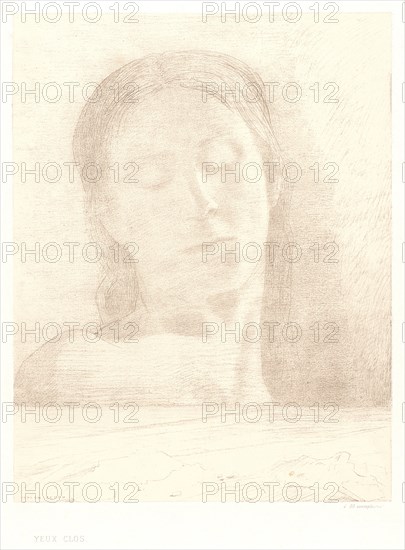 Odilon Redon (French, 1840 - 1916). Closed Eyes (Yeux clos), 1890. Lithograph printed in soft grey-brown on thin cream wove chine collé on heavy wove paper. Image: 312 mm x 242 mm (12.28 in. x 9.53 in.). First of two states.