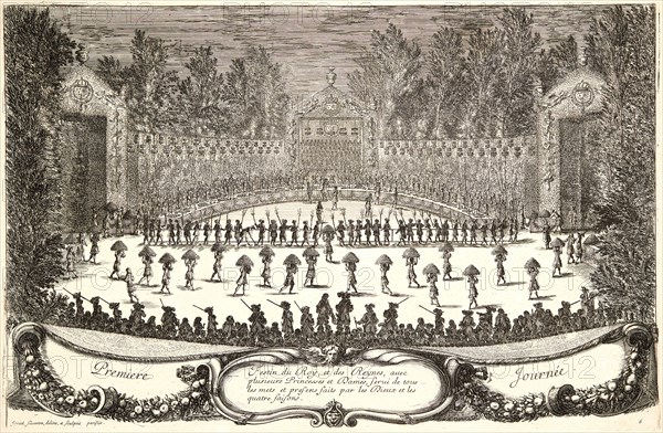 IsraÃ«l Silvestre (French, 1621-1691). Plate from â€úPremiere Journeeâ€ù, 17th century. From Les Plaisirs de l'Isle Enchantée, ou les Festes, et Divertissements du Roy, Ã  Ve. Engraving. Plate: 279 mm x 425 mm (10.98 in. x 16.73 in.).