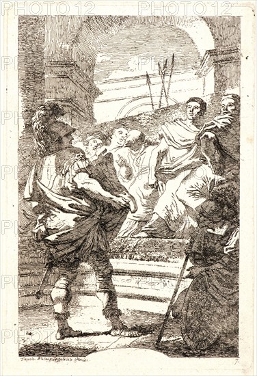 Jean-Honoré Fragonard (French, 1732-1806) after Giovanni Battista Tiepolo (aka Giambattista Tiepolo) (Italian, 1696 - 1770). Mucius Scevola before Porsenna, ca. 1763-1764. Etching on laid paper. Plate: 166 mm x 114 mm (6.54 in. x 4.49 in.). Second of three states.