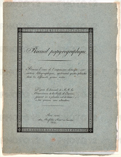 Alois Senefelder (German, 1771 - 1834). Cover for â€úReceuil Papryographiqueâ€ù, 1820. From Premiers Essais de l'impression chimique sur cartons lithographiques.... Lithograph on blue paper.
