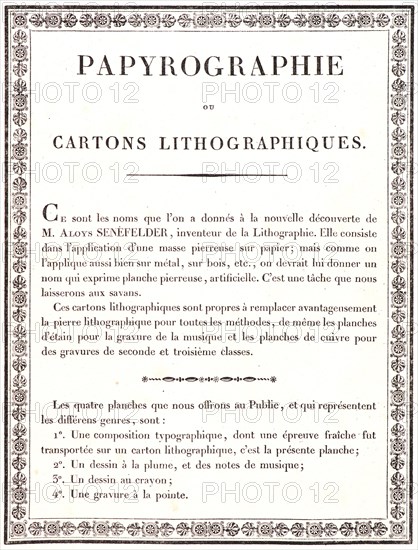 Alois Senefelder (German, 1771 - 1834). A Typographical Composition, from â€úReceuil Papryographiqueâ€ù, 1820. From Premiers Essais de l'impression chimique sur cartons lithographiques.... Pen lithograph.