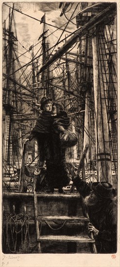 James Tissot (French, 1836 - 1902). Emigrants (Woman with Child Disembarking from Sailboat), 1880. Drypoint on 19th-century laid paper. Plate: 350 mm x 160 mm (13.78 in. x 6.3 in.).