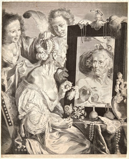 Jeremias Falck (Polish ca. 1609-1677) Possibly after Johann Lys (aka Johann Liss) (Dutch, 1600-1657) possibly after Bernardo Strozzi (Italian, 1581-1644). The Old Woman before the Mirror, ca. 1597-1629. Engraving.