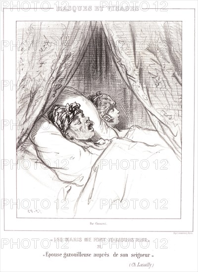 Paul Gavarni (aka Hippolyte-Guillaume-Sulpice Chevalier, French, 1804 - 1866). Spouse cooing next to her master, 1853. From Les Maris Me Font Toujours Rire, album 2; Masques et Visages. Lithograph.