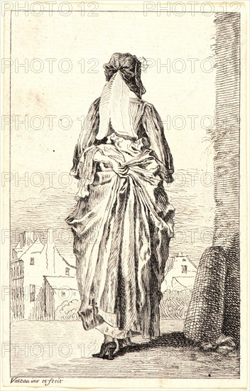 Jean-Antoine Watteau (French, 1684 - 1721). Lady Walking Seen from Behind (La Femme marchand au fond), ca. 1710. From Figures de Mode. Etching and engraving on laid paper. Plate: 113 mm x 71 mm (4.45 in. x 2.8 in.). Fourth of seven states.
