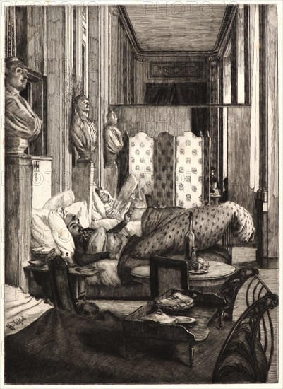 James Tissot (French, 1836 - 1902). Le Foyer de la Comédie-Francaise pendant le SiÃ¨ge de Paris, 1870-1871. Etching (drypoint and sandpaper?) on D&C Blauw laid paper. Plate: 330 mm x 275 mm (12.99 in. x 10.83 in.).