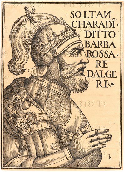 Luca Antonio de Giunta (Italian, active 1506â€ì1522). Soltan Charadin, Barbarossa Re Dalgeri, 1535. Woodcut on handmade laid paper. Image: 350 mm x 256 mm (13.78 in. x 10.08 in.).