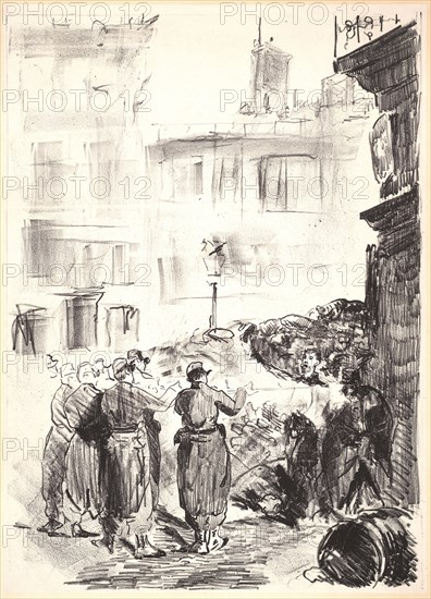 Ãâdouard Manet (French, 1832 - 1883). The Barricade (ScÃ¨ne de la Commune de Paris), 1871. Lithograph on wove chine collé. Image: 477 mm x 618 mm (18.78 in. x 24.33 in.). First of two states, before address of Lemercier.