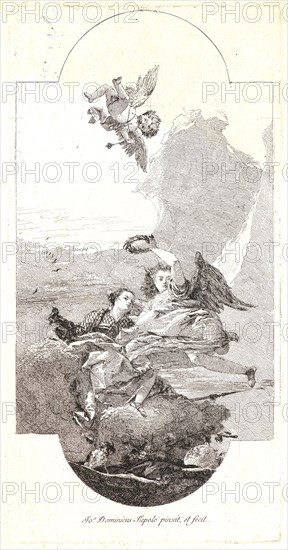 Giovanni Domenico Tiepolo (Italian, 1727 - 1804). Glory Crowning Virtue. Etching. Plate: 391 mm x 198 mm (15.39 in. x 7.8 in.).