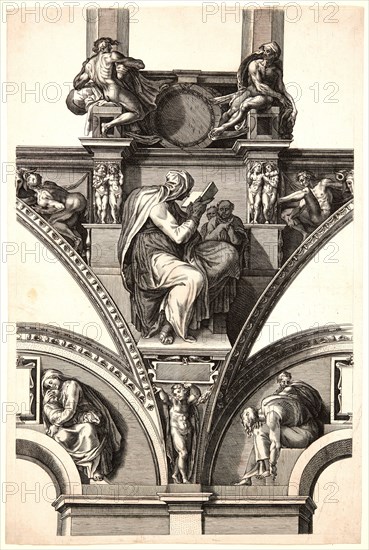 Aloisio Fabri (aka Aloisio Luigi Fabri, Italian, 1778-1835) ) after Michelangelo Buonarroti (Italian, 1475-1564). The Persian Sibyl, ca. 1795-1810. Engraving on laid paper. Plate: 418 mm x 268 mm (16.46 in. x 10.55 in.).
