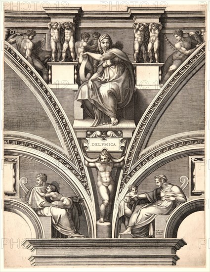 Giorgio Ghisi (Italian, 1520-1582) after Michelangelo Buonarroti (Italian, 1475 - 1564). Delphica, ca. 1570-1573. From Prophets and Sibyls from the Sistine Ceiling. Engraving. Plate: 557 mm x 436 mm (21.93 in. x 17.17 in.). Third of four states.