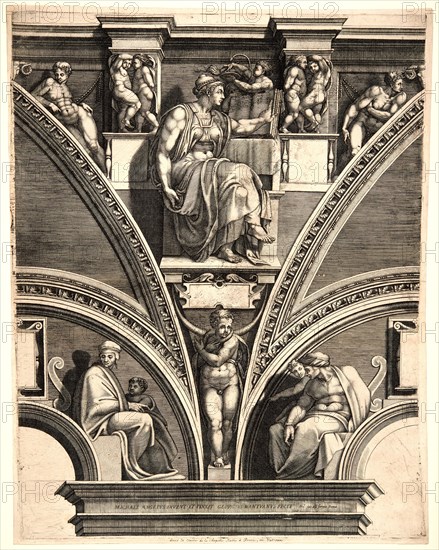 Giorgio Ghisi (Italian, 1520-1582) after Michelangelo Buonarroti (Italian, 1475 - 1564). Erythraea, ca. 1570-1573. From Prophets and Sibyls from the Sistine Ceiling. Engraving. Plate: 557 mm x 436 mm (21.93 in. x 17.17 in.). Second of five states.
