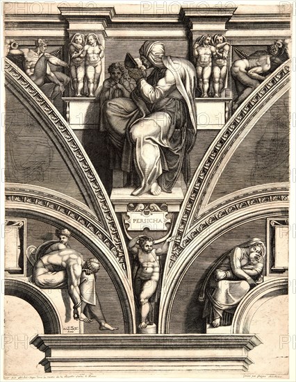 Giorgio Ghisi (Italian, 1520-1582) after Michelangelo Buonarroti (Italian, 1475 - 1564). Persica, ca. 1570-1573. From Prophets and Sibyls from the Sistine Ceiling. Engraving. Plate: 557 mm x 436 mm (21.93 in. x 17.17 in.). Second of three states.