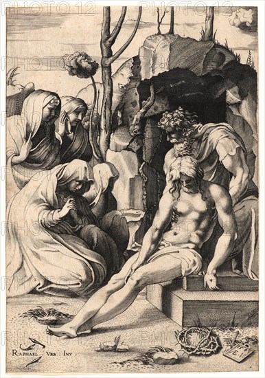 Enea Vico (Italian, 1523-1567) after Raphael (Italian, 1483 - 1520). Joseph of Arimathea, 1543. Engraving. Plate: 250 mm x 398 mm (9.84 in. x 15.67 in.). First of two states.