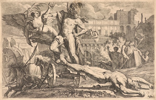 Pietro Testa (Italian, 1611/1612 - 1650). Achilles Dragging the Body of Hector around the Walls of Troy, ca. 1648. Etching. Plate: 265 mm x 415 mm (10.43 in. x 16.34 in.). Only state.