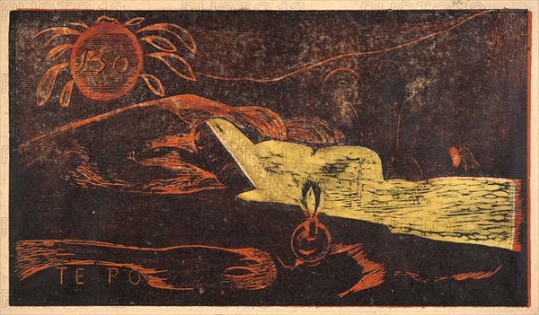 Paul Gauguin (French, 1848 - 1903). Te Po (La Grand Nuit), 1893-1894. From Noa Noa Suite. Woodcut printed in three colors (black, orange, and yellow) on tan wove paper. Image: 207 mm x 359 mm (8.15 in. x 14.13 in.). Second of two states.